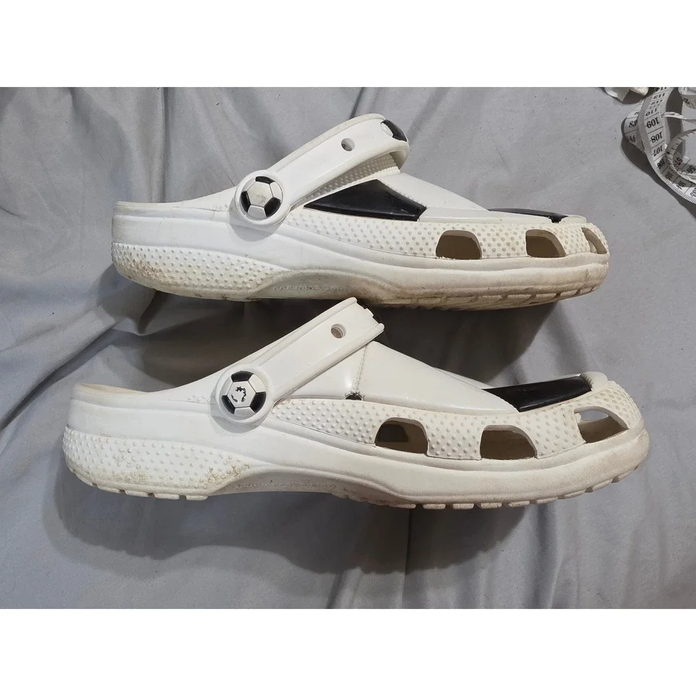 Crocs Classic Soccer Ball Print Clogs White Black Kids Size J6 Sport Shoes